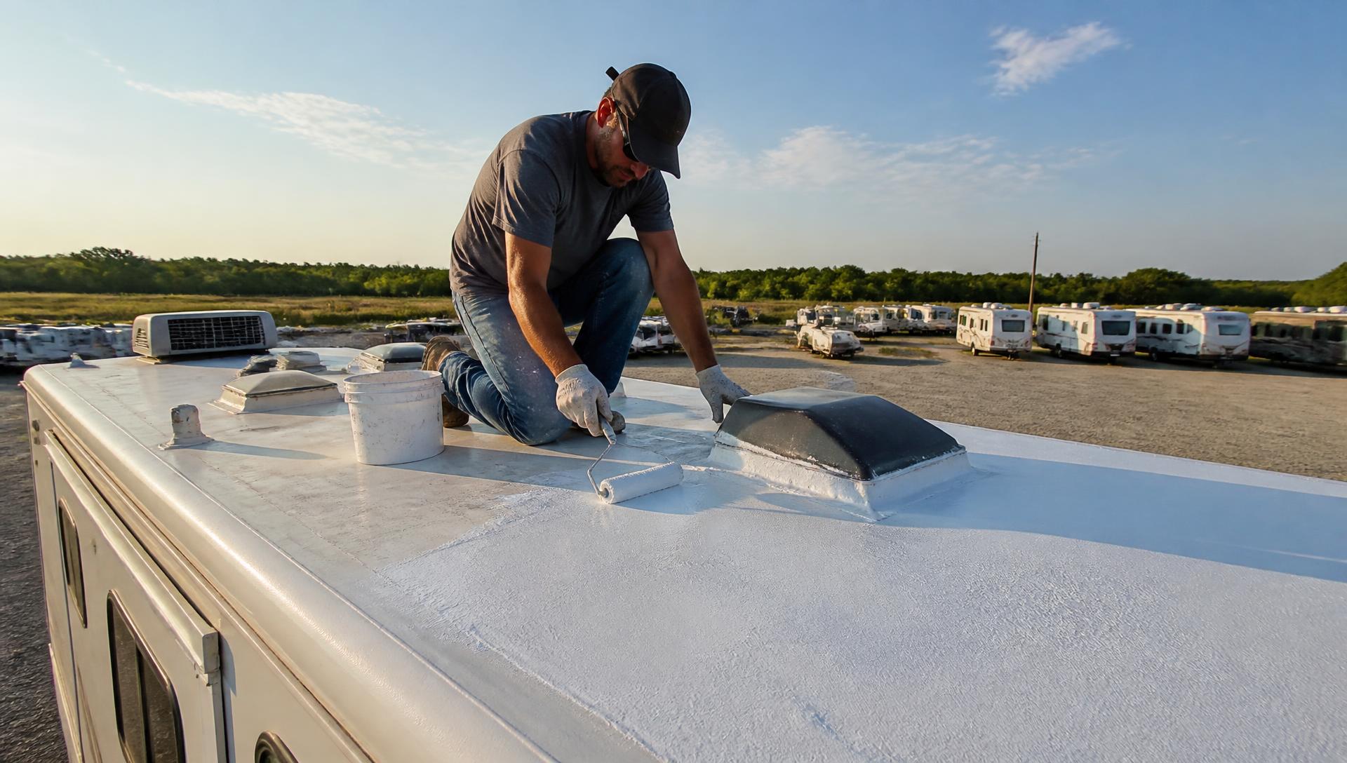 Technician repairing the rubber roof membrane on an RV in Oklahoma